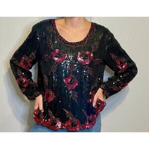 80s Black Sequin Long Sleeve with Roses